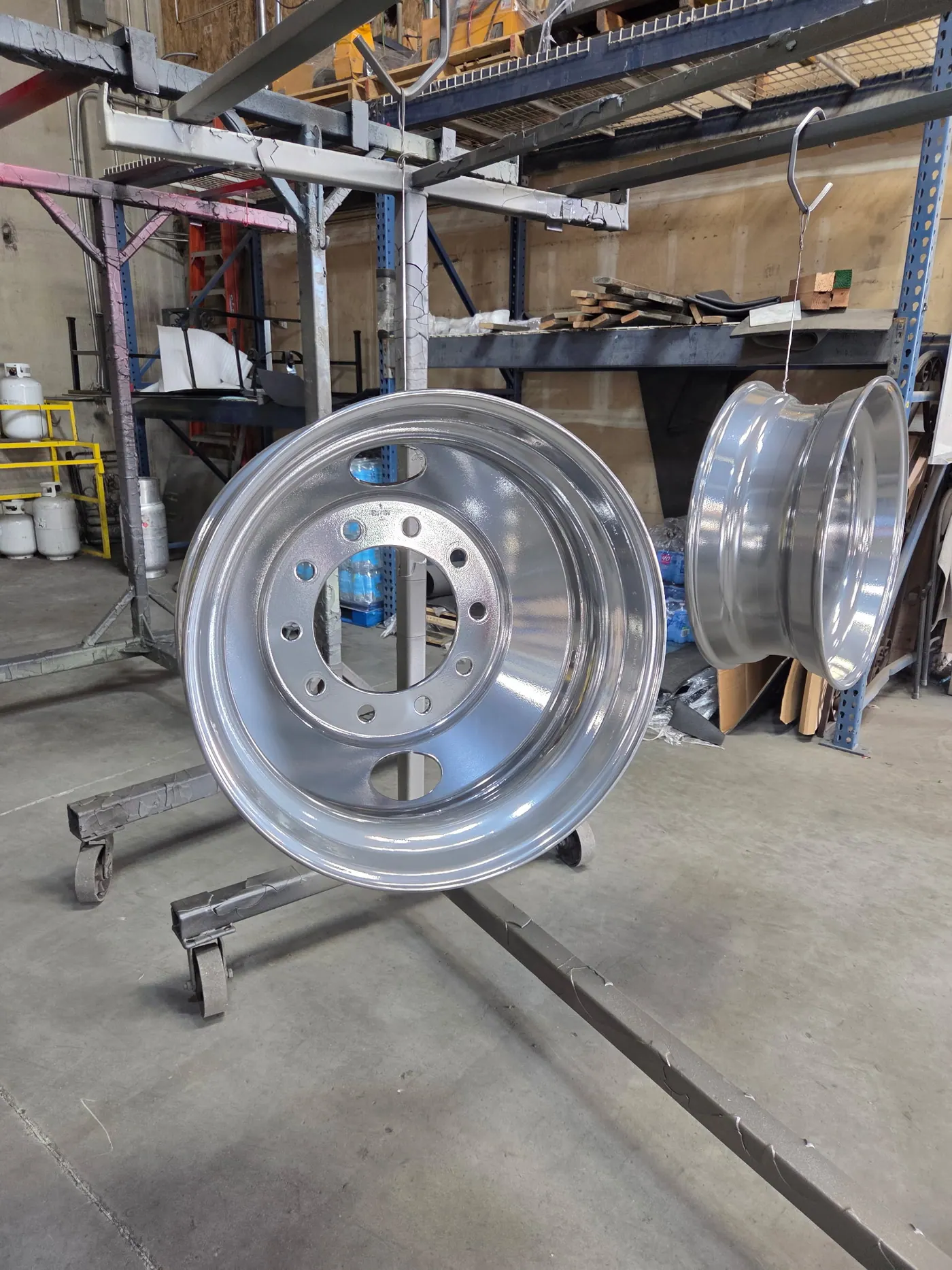 Wheel component staged in the shop before finishing.
